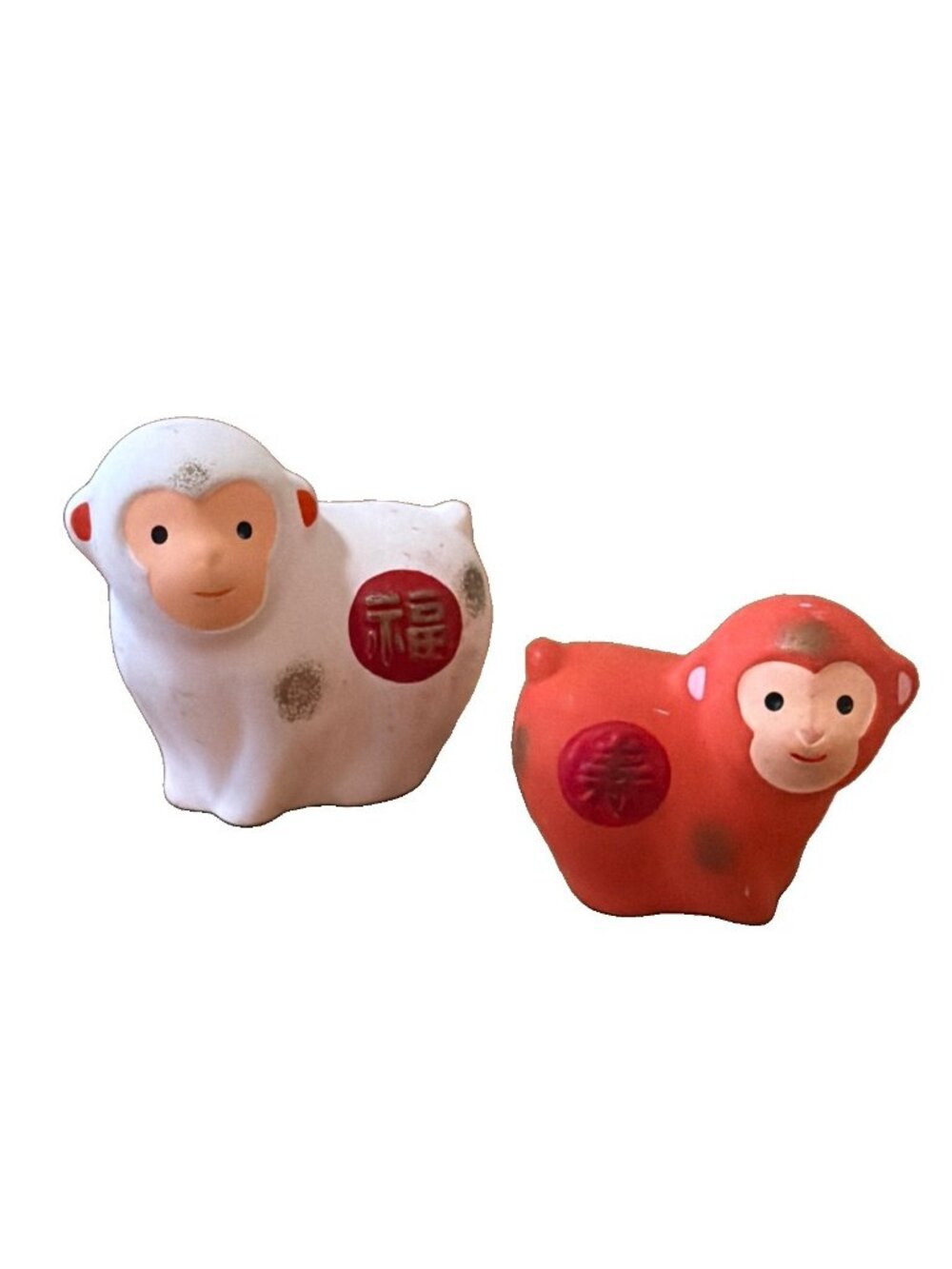 Japanese Saru Monkey Ceramic Dolls (2) Red & White Monkey Figurines Year Monkey